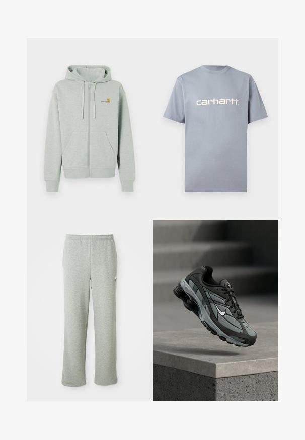 Hellgrauer Reißverschluss-Hoodie mit einer Vordertasche, gerippten Bündchen und einem kleinen orangenen Logo auf der linken Brust. Hergestellt aus weichem, strukturiertem Stoff.; Hellblaues T-Shirt mit kurzen Ärmeln aus Baumwolle, mit dem "carhartt."-Logo in kontrastierender heller Farbe quer über der Brust. Einfaches Design.; Graue Jogginghose aus weichem Baumwollmischgewebe, mit elastischem Bund, geradem Bein und kleinem Logo auf der linken Seite.; Grauer und schwarzer Sportschuh mit Netzpaneelen und dicker Sohle, schwebend in der Luft über einer Betonmauer mit Treppen im Hintergrund.