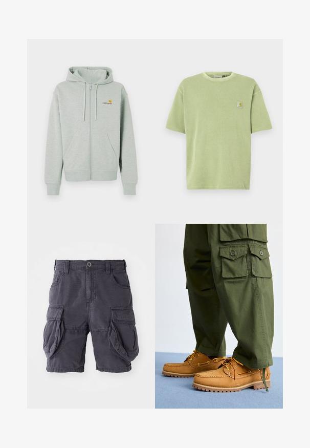 Hellgrauer Reißverschluss-Hoodie mit einer Vordertasche, gerippten Bündchen und einem kleinen orangenen Logo auf der linken Brust. Hergestellt aus weichem, strukturiertem Stoff.; Hellgrünes T-Shirt mit kurzen Ärmeln, gerippter Struktur und Logo-Patch auf der Brust. Entspannte Passform und Rundhalsausschnitt.; Cargo-Shorts aus dunkelgrauer Baumwolle, mit klassischer Passform, mehreren Seitentaschen und einem vorderen Knopfverschluss. Glatte Textur.; Timberland AUTHENTIC 3 EYE - Bootsschuh - wheat