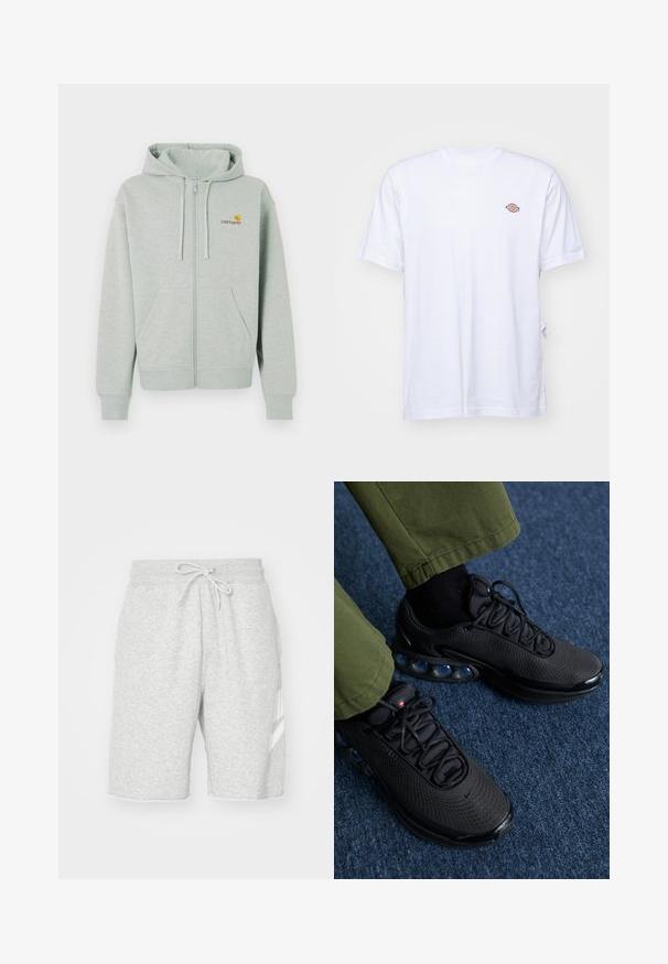 Sudadera con cremallera en gris claro, con un bolsillo delantero, puños acanalados y un pequeño logo naranja en el lado izquierdo del pecho. Hecha de una tela suave y texturizada.; Camiseta de algodón blanca con cuello en V y mangas cortas. Presenta un pequeño logo bordado de colores en el lado izquierdo del pecho. Textura suave.; Pantalones cortos de chándal gris para hombre, hechos de suave algodón, que cuentan con una cintura elástica con cordón, bolsillos laterales y un detalle de logo blanco.; Zapatillas deportivas negras con parte superior de malla, superficie texturizada y almohadillas de amortiguación de aire visibles. Combinadas con pantalones verde oliva y calcetines negros.