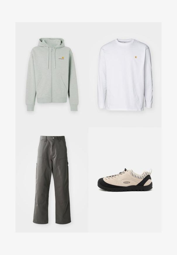 Lichtgrijze zip-up hoodie met een voorzak, geribbelde manchetten en een klein oranje logo op de linkerborst. Gemaakt van zacht, gestructureerd stof.; Witte lange mouwen t-shirt van katoen. Voorzien van een klein gouden logo op de borst en een ronde hals. Eenvoudig ontwerp en standaard pasvorm.; Grijze cargobroek met een recht model, voorzien van twee voorzakken en extra zijzakken voor opslag. Gemaakt van duurzame stof.; Beige suède schoen met zwarte rubberen neuzen en zool, voorzien van een vetersluiting en ademende mesh accenten op de hiel.