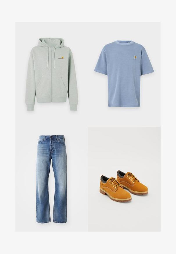 Hellgrauer Reißverschluss-Hoodie mit einer Vordertasche, gerippten Bündchen und einem kleinen orangenen Logo auf der linken Brust. Hergestellt aus weichem, strukturiertem Stoff.; Hellblaues T-Shirt mit kurzen Ärmeln, strukturiertem Rippenmuster und aufgesticktem Logopatch auf der linken Brust. Rundhalsausschnitt.; Blaue Jeans mit geradem Bein aus Denim, mit leichtem Verblassen an den Oberschenkeln und Knien, ausgestattet mit fünf Taschen und einem Knopfverschluss.; Braune Wildlederschuhe mit einer runden Zehenpartie, gelben Schnürsenkeln, einem gepolsterten schwarzen Kragen und Gummisohlen mit Rillen für besseren Halt.