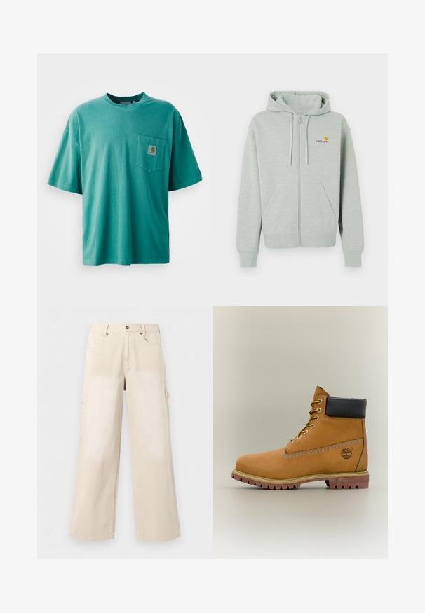 Lys grå zip-hoodie med en frontlomme, ribbede manchetter og et lille orange logo på venstre bryst. Lavet af blødt, tekstureret stof.; Grøn bomulds t-shirt med rund hals, korte ærmer og en frontlomme med et logopatch. Blød tekstur og afslappet pasform.; Beige bukser med brede ben, forlommer, knaplukning og bæltestropper, vist mod en ensfarvet hvid baggrund.; Brun læderankelstøvle med sort krave, gule snørebånd og tanfarvet sål. Har logo og hvide syninger som detalje. Robust ydersål med greb.