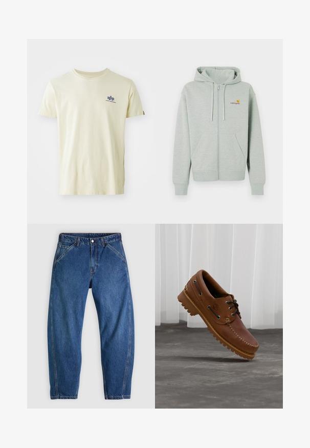 Sudadera con cremallera en gris claro, con un bolsillo delantero, puños acanalados y un pequeño logo naranja en el lado izquierdo del pecho. Hecha de una tela suave y texturizada.; Camiseta beige de manga corta con cuello redondo y pequeño logo azul de Alpha Industries en la parte superior izquierda del pecho.; Vaqueros de mezclilla azul con un ajuste holgado, cuentan con cierre de botones, cinco bolsillos y costuras en contraste de color naranja. Textura suave en toda la prenda.; Zapato náutico de cuero marrón con cordones negros, costuras beige y una suela resistente, suspendido sobre un suelo de hormigón gris.
