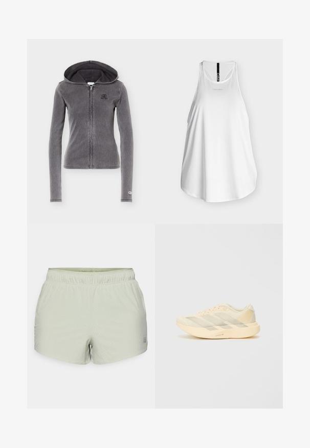 Tmavosivá priliehavá mikina na zips s dlhými rukávmi, predným zipsom, malým logom na hrudi a manžete, a s pripojenou kapucňou.; Biele športové tielko Calvin Klein bez rukávov s racerbackom a malým logom na hrudi a vertikálnym pruhom s logom na chrbte.; Svetlozelené športové šortky vyrobené z priedušného materiálu, s perforovanou textúrou a elastickým pásom. Logo je potlačené na boku.; Ľahká atletická obuv v bledom žltom a smotanovom prevedení, s textúrovaným vrchom z sieťoviny, tromi diagonálnymi pruhmi a hrubou podrážkou s detailom "LIGHTSTRIKE PRO".