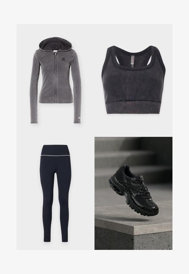 Mørkegrå tætsiddende zip-up hættetrøje med lange ærmer, lynlås foran, lille logo på bryst og manchet samt fastsyet hætte.; Sort ribbet sports-bh lavet af stof med brede skulderstropper og racerback-design, vist fladt på en lys baggrund.; Marineblå tætsiddende leggings lavet af strækbart stof, med en bred talje med reflekterende kant langs toppen for synlighed.; Sort Nike løbesko med mesh og syntetisk overdel, der svæver over en betonoverflade og trin i baggrunden.