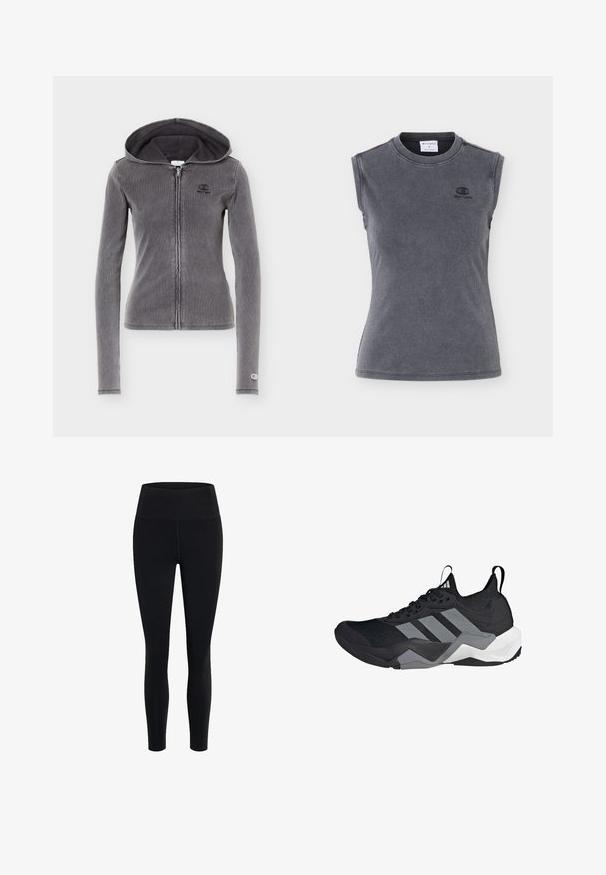 Mørkegrå tætsiddende zip-up hættetrøje med lange ærmer, lynlås foran, lille logo på bryst og manchet samt fastsyet hætte.; Ærmeløs mørkegrå ribbet tanktop med rund halsudskæring og lille sort Champion-logo på venstre bryst.; Girlfriend Collective FLOAT HIGH RISE LEGGING 7/8 - Tights - black; Sorte atletiske sko med en åndbar mesh-overdel, grå accenter, tekstureret sål og tre karakteristiske striber på siden.