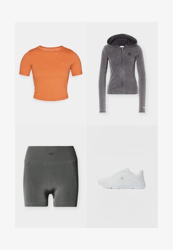 Donkere grijze nauwsluitende hoodie met ritssluiting, lange mouwen, ritssluiting aan de voorkant, klein logo op de borst en manchetten, en een aangehechte capuchon.; Korte mouwen, crop oranje T-shirt van gladde stof. Heeft een ronde hals en een klein logo op de linker voorkant.; Donkergrijze naadloze geribbelde biker shorts met hoge taille en een klein ingebosseleerd logo op de tailleband, afgebeeld op een witte achtergrond.; Witte sportieve schoenen met een gestructureerde mesh bovenkant, gevoerde kraag en een contrasterend logo aan de zijkant. Beschikt over een lichtgewicht rubberen zool.