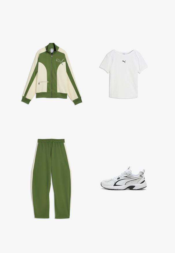 Groene en crèmekleurige Puma jas met ritssluiting, lange mouwen, opstaande kraag, ritssluiting aan de voorkant, zak met ritssluiting en Puma-logo op de borst.; Wit geribd T-shirt met korte mouwen, een ronde halslijn en een klein zwart Puma-logo in het midden van de borst.; Groene trainingsbroek met elastische tailleband en witte zijstrepen, rechte pijpen, afgebeeld tegen een witte achtergrond.; Witte sportschoen met zwarte accenten, veterontwerp, mesh en synthetische bovenkant, en dikke rubberen zool met trekkertjes op tong en hiel.