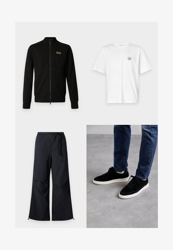 Schwarze Jacke mit Reißverschluss aus weichem Stoff. Sie hat einen hohen Kragen, lange Ärmel und ein kleines gelbes Logo auf der oberen linken Seite.; Weißes T-Shirt aus Baumwolle mit kurzen Ärmeln, Rundhalsausschnitt und kleinem grauen Logo auf der linken Brustseite. Glatte Textur.; Schwarze, weit geschnittene Hose aus leichtem Stoff. Verfügt über einen Gürtel, zwei große Seitentaschen und verstellbare Säume mit Kordelzug.; Schwarze Wildledersneaker mit einer weißen Gummisohle, die ein klassisches Low-Top-Design, eine abgerundete Spitze und flache schwarze Schnürsenkel aufweisen.