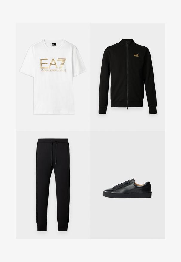 Schwarze Jacke mit Reißverschluss aus weichem Stoff. Sie hat einen hohen Kragen, lange Ärmel und ein kleines gelbes Logo auf der oberen linken Seite.; Weißes Baumwoll-T-Shirt mit einem großen goldenen metallischen "EA7"-Logo und dem Text "EMPORIO ARMANI" darunter, mit kurzen Ärmeln und rundem Halsausschnitt.; Schwarze Jogginghose mit Kordelzugbund, elastischen Bündchen, Seitentaschen und Satin-Streifen entlang der Außennähte.; Schwarze Leder-Sneaker mit glatter Textur, runder Zehenpartie und Schnürverschluss. Verfügt über eine dicke Gummisohle und minimalistische Marken-Details.