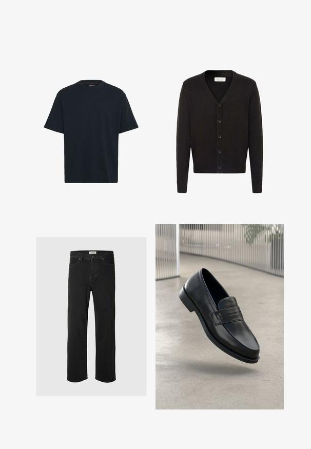Sort cardigan med v-hals, frontknaplukning, ribbede manchetter og kant, lavet af blødt, tekstureret stof.; Marineblå bomulds T-shirt med rund hals, korte ærmer og en afslappet pasform. Glat tekstur uden synlige mønstre eller accenter.; Sorte denim straight-leg jeans har et klassisk fem-lomme design med knaplukning, minimal syning og en blød tekstur.; Sort lædersko med glat tekstur, spids tå og en dekorativ rem over vristen. Letvægts sål, minimalistisk design.