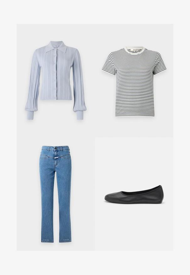 Lysblå cardigan med ribbet tekstur, knaplukning og krave. Har lange ærmer med tætsiddende manchetter.; Stribet T-shirt i hvid og marineblå med korte ærmer og rund halsudskæring. Har vandrette striber i forskellige bredder. Blødt bomuldsstof.; Lysblå denimjeans med lige ben, høj talje og to forlommer. Har knaplukning og mærkegenkendelse nær kanten.; Sort læderballetsko med rund tå, glat tekstur, minimal syning og et fleksibelt såldesign.
