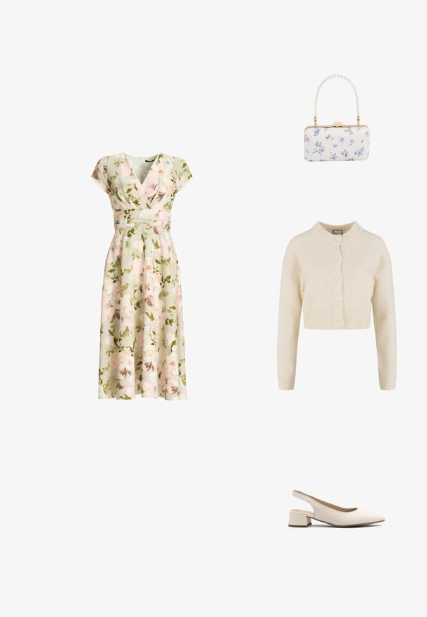 Kort cremefarvet cardigan lavet af blødt, struktureret stof med ribbet kant og knaplukning med fem store knapper.; Grøn blomsterprint slå-om kjole med kapærmer, tætsiddende talje og A-formet midi nederdel med rosa og hvide blomster og grønne blade.; Beige slingback hæle med spids tå, lav blokhæl og glat lædertekstur. Har udsparinger på siderne for åndbarhed.; Hvid rektangulær clutch med blåt blomsterprint og perlebehandlet håndtag med guldfarvet hardware og lås.
