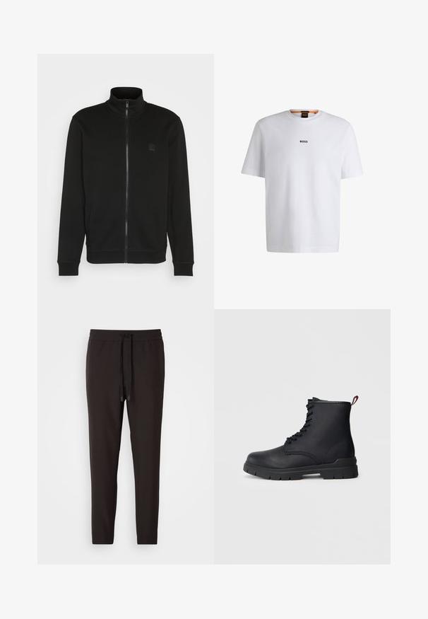 Zwarte ritsjack met hoge kraag, gemaakt van een gladde stof. Heeft een klein logo op de borst en ribgebreide manchetten en onderkant voor een slim fit.; Witte katoenen T-shirt met korte mouwen, voorzien van een zwart "BOSS"-logo in het midden van de borst en een ronde halsontwerp.; Zwarte joggingbroek van zacht materiaal, met een elastische tailleband met een trekkoord, taps toelopende benen en zonder zichtbaar patroon of versieringen.; Zwarte leren enkelboot met vetersluiting aan de voorkant, dikke rubberen zool en rode lip aan de hak, gepresenteerd tegen een neutrale lichte achtergrond.