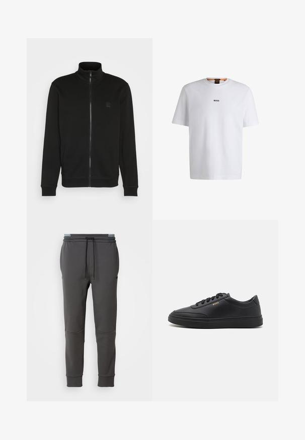 Sort zip-up jakke med høj krave, lavet af glat stof. Har et lille logo-patch på brystet og ribbede manchetter og kant for et tætsiddende look.; Hvid bomuld T-shirt med korte ærmer, med et sort "BOSS" logo centreret på brystet og en rund halsudskæring.; Kullfarvede sweatpants med elastisk talje, justerbar snøre, sidelommer og ribbede manchetter. Glat tekstur og tætsiddende design.; Sorte lædersneakers med en glat overflade, rund tå, flad gummisål og tonede snørebånd. Udstyret med guld "BOSS" branding på siden.