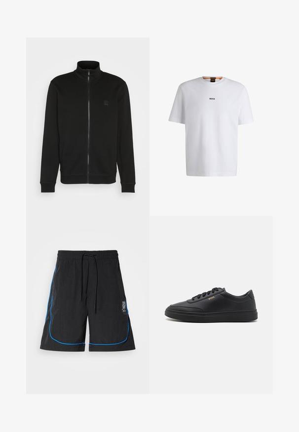 Sort zip-up jakke med høj krave, lavet af glat stof. Har et lille logo-patch på brystet og ribbede manchetter og kant for et tætsiddende look.; Hvid bomuld T-shirt med korte ærmer, med et sort "BOSS" logo centreret på brystet og en rund halsudskæring.; Sorte badebukser med snøre i taljen, featuring blå piping langs sømmene og et logo på venstre lår. Letvægtsstof.; Sorte lædersneakers med en glat overflade, rund tå, flad gummisål og tonede snørebånd. Udstyret med guld "BOSS" branding på siden.
