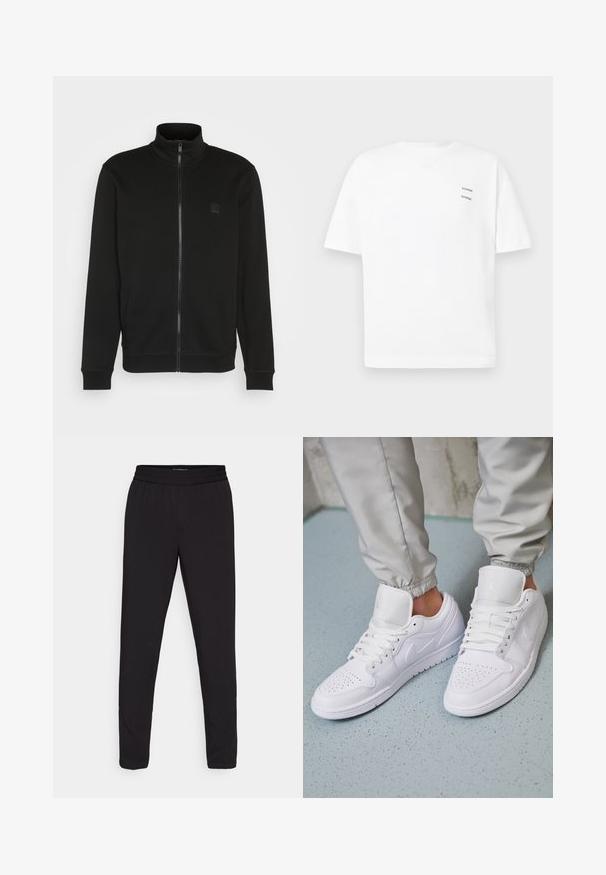 Sort zip-up jakke med høj krave, lavet af glat stof. Har et lille logo-patch på brystet og ribbede manchetter og kant for et tætsiddende look.; Hvid bomulds t-shirt med en afslappet pasform, korte ærmer og V-udskæring. Har to små sorte trykte logoer på venstre side.; Sorte tapered bukser med elastisk talje, lavet af et glat, let stof, uden synlige mønstre eller hardware-detaljer.; Hvide lædersneakers har en perforeret tåboks, flade snørebånd, polstret krave og Jordan-logoet på tungen. Båret med grå joggers.