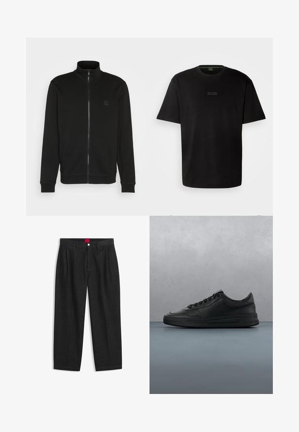 Zwarte ritsjack met hoge kraag, gemaakt van een gladde stof. Heeft een klein logo op de borst en ribgebreide manchetten en onderkant voor een slim fit.; Zwarte katoenen T-shirt met een ronde hals, korte mouwen en een subtiel 'BOSS' logo in het midden geembosd. Eenvoudig, minimalistisch ontwerp.; Zwarte hoge taille broek met plooien aan de voorkant, ceintuurlussen, een knoop- en ritsluiting, en een rood label aan de binnenkant van de tailleband.; Zwarte sneaker met een glad leren bovenwerk, ronde neus, platte veters, gewatteerde kraag en minimalistisch design. Rubberen zool met een subtiel profiel.