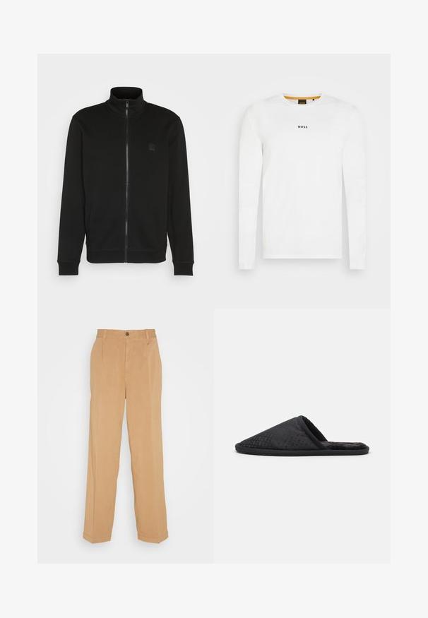Chaqueta negra de cremallera con cuello alto, hecha de una tela suave. Presenta un pequeño parche de logotipo en el pecho y puños y dobladillo acanalados para un ajuste ceñido.; Camiseta de manga larga blanca de algodón, con un cuello redondo y un logotipo negro de "BOSS" en el centro. Textura suave, diseño casual.; Pantalones de pierna ancha en beige, fabricados con tejido suave, que cuentan con dos bolsillos frontales, un cierre de botón y detalles de pliegues a lo largo de las piernas.; BOSS HOME SLIP - Pantuflas - black