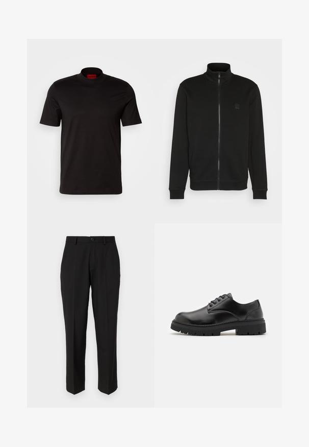 Sort zip-up jakke med høj krave, lavet af glat stof. Har et lille logo-patch på brystet og ribbede manchetter og kant for et tætsiddende look.; Sort kortærmet t-shirt med høj hals design. Fremstillet af glat stof. Har et rødt mærke på indersiden af kraven.; Sorte bukser lavet af glat stof, med lige ben design, forlommer, en enkelt knaplukning, og uden synlige mønstre.; Sorte lædersko med rund tå, snørelukning og en tykk, struktureret gummisål. Har syninger langs kanten og en glat overflade.