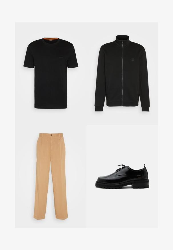 Zwarte ritsjack met hoge kraag, gemaakt van een gladde stof. Heeft een klein logo op de borst en ribgebreide manchetten en onderkant voor een slim fit.; Zwarte korte mouwen t-shirt gemaakt van zachte stof, met een ronde halslijn en een subtiel logo op de voorkant. Binnenkant van de kraag heeft een oranje accent.; Beige wijde broek van zacht materiaal, voorzien van twee voorzakken, een knoopsluiting en plooidetails langs de benen.; Zwarte gepolijste leren veterschoen met dikke rubberen zool en lage hak, zijmerktekst "SAMSOE" en een achterste aantreklus.