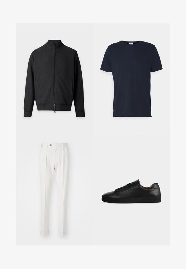 Zwarte jas met ritssluiting, lange mouwen, twee voorzakken en een hoge kraag, weergegeven op een eenvoudige lichte achtergrond.; Navyblauwe katoenen t-shirt met ronde hals en korte mouwen, met een gladde textuur en eenvoudig ontwerp, zonder zichtbare patronen of accenten.; Witte, op maat gemaakte broeken met een platte voorkant, twee plooien en omgeslagen pijpen. Gemaakt van een gladde stof met een knoopsluiting in de taille.; Zwarte lage leren sneaker met zwarte veters, gestructureerde rubberen zool en klein geperst logo aan de zijkant, zijaanzicht tegen een grijze achtergrond.