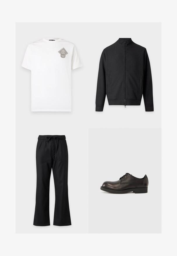 Veste noire zippée, manches longues, deux poches avant et col montant, présentée sur un fond clair uni.; T-shirt en coton blanc avec un logo gris en forme de losange sur la poitrine gauche. Manches courtes, col rond et coupe standard.; Pantalon noir à jambes larges avec ceinture élastique et lien à cordon, en tissu lisse, présenté de face sur fond uni.; Chaussure habillée en cuir noir avec un bout arrondi, des coutures minimales, un petit talon en caoutchouc et maintenue par des lacets noirs.