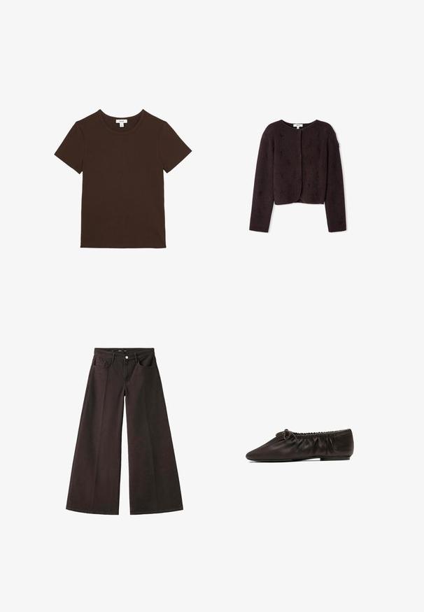 Bruine cropped jas van textuurstof met lange mouwen, voorzien van een ronde halslijn en een voorknoopsluiting, versierd met verspreide pluisaccenten.; Effen donkerbruine korte mouw T-shirt met ronde hals, plat neergelegd, met een klein wit merklabel aan de binnenkant van de halslijn.; Donkerbruine wijde jeans met voorzakken, riemlussen en een knoopsluiting in de taille, plat uitgestald op een witte achtergrond.; Platte donkerbruine leren balletschoen met een geplooide elastische bovenkant en een klein strikje aan de voorkant, zijaanzicht.