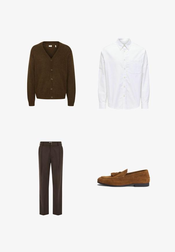 Cardigan en maille marron avec décolleté en V, manches longues et fermeture à boutons sur le devant avec cinq boutons. Tissu texturé avec des accents côtelés.; Chemise blanche à manches longues avec boutons, col pointu et poche poitrine sur le côté gauche.; Pantalon marron foncé sur mesure avec plis à l'avant, passants de ceinture, fermeture par bouton et coupe droite.; Mocassin homme en daim marron avec détail pompon et semelle noire basse, embossé sur le côté avec le nom de la marque.