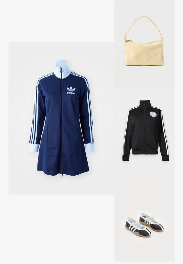 Mustast tõmblukkuga spordijakk, mille varrukatel on valged triibud ja rinnal hall Adidas Trefoil logo volangiga detailiga.; Tumesinine adidas'i kapuutsi kleit pika varrukaga, helesinised triibud käte peal ja logo rinnal. Sile kangas sportliku disainiga.; Mustvalged spordijalatsid, millel on sile disain, kummist tald, paeltest kinni tõmmatav sulgur ja kolm valget triipu külgedel.; Väike beež nahast käekott ühe rihmaga ja hõbedaste naeltega piki äärte ja rihma, esitatud ühtse taustaga.