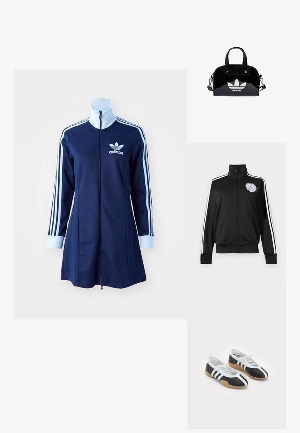 Zwarte trainingsjas met ritssluiting, witte strepen op de mouwen en een grijs Adidas trefoil-logo met ruches op de borst.; Marineblauwe adidas zip-up jurk met lange mouwen, lichtblauwe strepen langs de armen en logo op de borst. Glad materiaal met een sportief ontwerp.; Zwart-witte sport schoenen met een slank ontwerp, rubberen zool, vetersluiting en drie witte strepen aan de zijkanten.; Zwarte gepatenteerde leren handtas met een afgeronde vorm, dubbele handvaten bovenaan, zilveren accenten en een opvallend wit logo aan de voorkant.