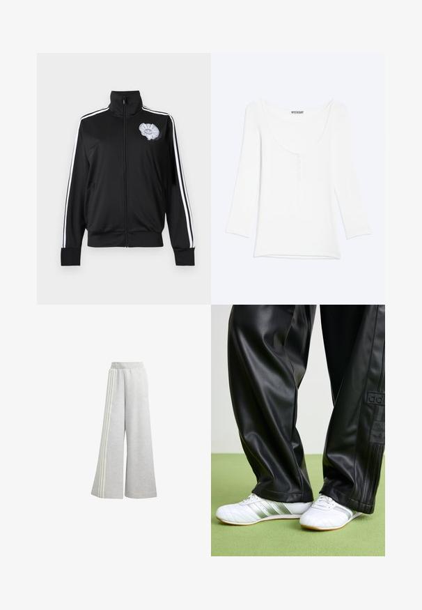 Zwarte trainingsjas met ritssluiting, witte strepen op de mouwen en een grijs Adidas trefoil-logo met ruches op de borst.; Wit shirt met lange mouwen, een ronde hals en een korte knoopsluiting op de borst, weergegeven tegen een effen lichte achtergrond.; Lichtgrijze wijdvallende sweatpants van zachte stof, met aan elke kant drie witte strepen en een elastische tailleband.; Zwarte faux leren broek met een losse pasvorm, voorzien van een gladde textuur en zijstrepen. Gepaarde met witte sneakers met zilveren accenten.