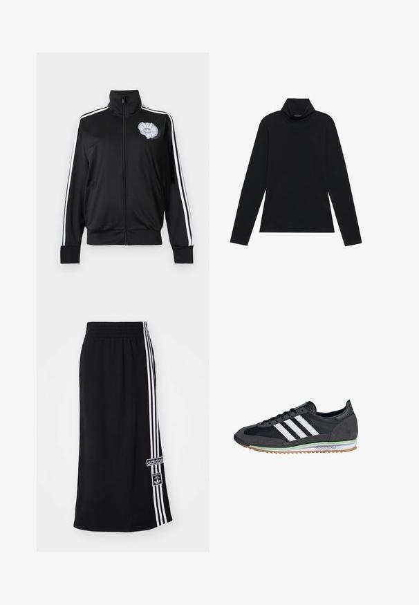 Sort lynlås-træningsjakke med hvide striber på ærmerne og et gråt Adidas trefoil-logo med flæsedetalje på brystet.; Sort turtleneck med lange ærmer. Blødt stof, tætsiddende design, høj krave og sidesøm. Simpel og alsidig stil, der er velegnet til lag-på-lag.; Sort atletisk nederdel med elastisk talje, prydet med tre hvide striber langs den ene side og et Adidas-logo. Glat stoftekstur.; Sorte og grå sneakers med overdel i ruskind og mesh, der har tre hvide striber, en gummisål og en grøn detalje på mellemsålen.