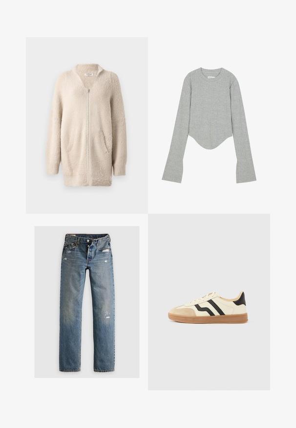 Beige Reißverschluss-Cardigan aus weichem, flauschigem Material. Verfügt über einen V-Ausschnitt, zwei Vorderaschen und lange Ärmel. Einfaches, strukturiertes Design.; Even&Odd Langarmshirt - grey; Blaue Denim-Jeans im geraden Schnitt, mit Rissen und ausgebleichten Bereichen. Der Stoff hat eine strukturierte Oberfläche und genähte Nähte.; Schnürsneaker mit cremefarbenem Obermaterial, schwarzen Streifen und einer Zehenkappe aus Wildleder, ergänzt durch eine braune Gummisohle.