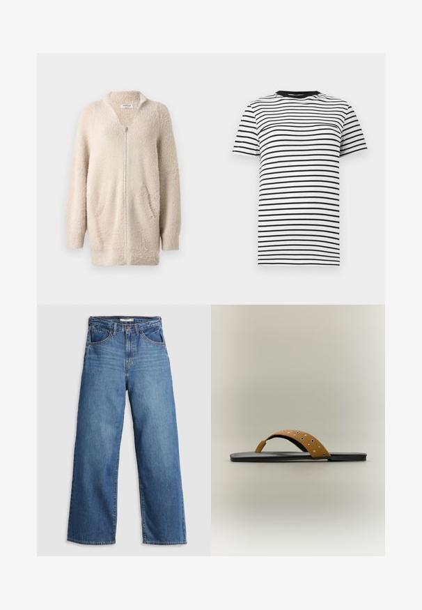 Cardigan beige à fermeture éclair en matériau doux et duveteux. Présente un col en V, deux poches avant et des manches longues. Design simple et texturé.; T-shirt à rayures noires et blanches en tissu doux. Il présente un col rond et des manches courtes, avec des rayures horizontales régulièrement espacées.; Jean large en denim bleu à taille haute, doté de cinq poches, de coutures contrastantes et d'une fermeture éclair.; Sandale plate noire avec une lanière marron en cuir au niveau des orteils, ornée de clous argentés et d'œillets en métal sur un fond uni.