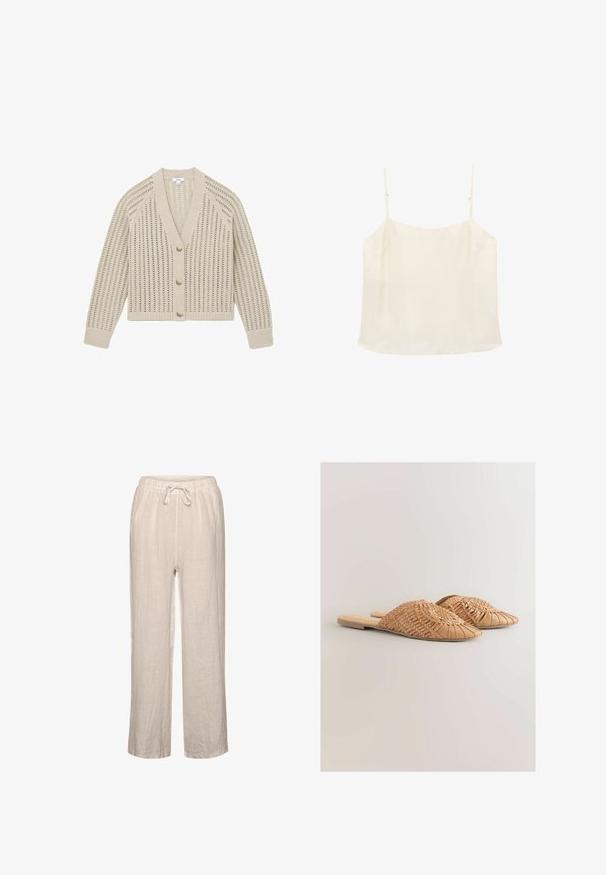 Cardigan beige en maille avec motif ajouré, manches longues, poignets et ourlet côtelés, et trois boutons ronds sur le devant.; Haut caraco sans manches de couleur crème avec fines bretelles ajustables et encolure droite sur fond blanc.; Pantalons en lin beige clair avec une taille élastique et un cordon de serrage, présentant une coupe décontractée et une jambe droite.; Sandales à glissière en cuir tressé de couleur beige clair, avec un design supérieur tressé surdimensionné et une semelle plate. Le bout pointu ajoute une touche élégante.