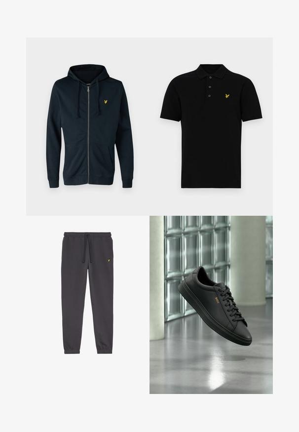 Sweat à zip navy en tissu doux, avec une poche avant, un capuchon ajustable à cordon de serrage et un petit logo jaune sur la poitrine gauche.; Polo noir en mélange de coton, avec un col à trois boutons, des manches courtes, et un petit emblème jaune sur la poitrine gauche.; Pantalon de survêtement gris foncé en tissu doux, avec une taille élastique à cordon de serrage, des chevilles resserrées et un petit logo jaune sur la cuisse gauche.; Baskets basses en cuir noir avec lacets noirs et logo BOSS doré sur le côté, flottant au-dessus d’un sol gris brillant dans un espace intérieur moderne.