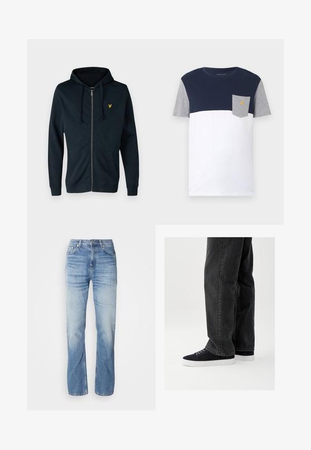 Marineblaue Kapuzenjacke mit Reißverschluss aus weichem Material, ausgestattet mit einer Fronttasche, einer verstellbaren Kapuze mit Zugband und einem kleinen gelben Logo auf der linken Brust.; Herren T-Shirt mit kurzen Ärmeln, marineblauem Oberteil, weißem Unterteil, grauen Ärmeln und grauer Brusttasche mit kleinem gelbem Logo.; Hellblaue Jeans aus Denim mit geradem Bein, verblasstem Finish, fünf Taschen und Knopfverschluss. Klassisches Design und mittlere Dicke.; Schwarze Jeans aus Denim mit lockerem Schnitt, kombiniert mit marineblauen Wildleder-Sneakern mit weißen Gummisohlen und schwarzen Schnürsenkeln. Einfaches und modernes Design.