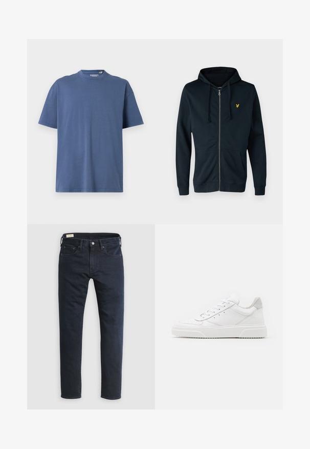 Marineblå zip-up hoodie lavet af blødt stof, med en frontlomme, justerbar snøre i hætte og et lille gult logo på venstre bryst.; Blå kortærmet T-shirt lavet af blødt bomuld, med rund halsudskæring og en afslappet pasform, samt minimale syninger.; Mørkeblå denimjeans med straight-leg snit, fem-lomme design, frontknaplukning og minimalistiske syningsdetaljer.; Hvide lædersneakers med en glat finish, rund tå, flade snørebånd og en struktureret sål. Grå ruskindsdetalje ved hælen.