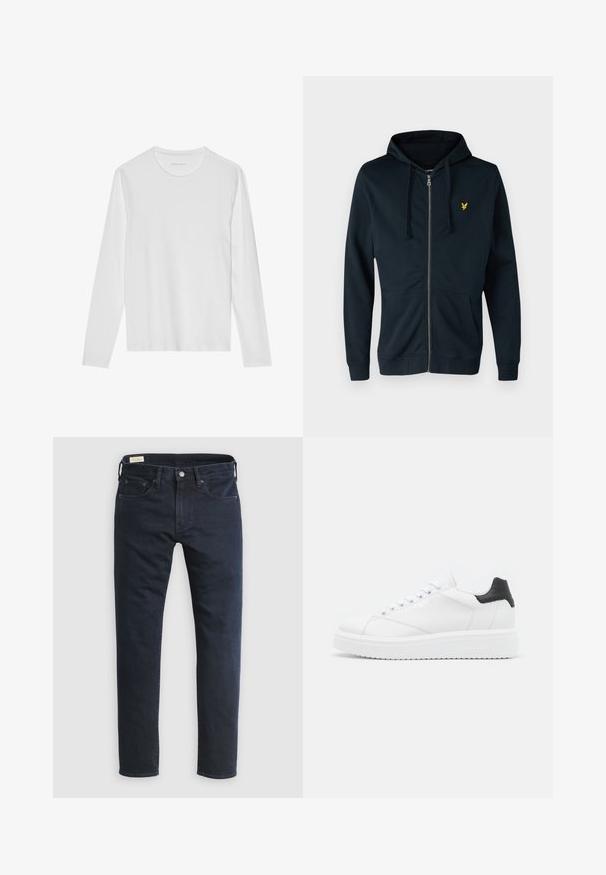 Marineblå zip-up hoodie lavet af blødt stof, med en frontlomme, justerbar snøre i hætte og et lille gult logo på venstre bryst.; Langærmet hvid T-shirt lavet af blød bomuld, med rund halsudskæring og en glat tekstur uden synlige mønstre eller accenter.; Mørkeblå denimjeans med straight-leg snit, fem-lomme design, frontknaplukning og minimalistiske syningsdetaljer.; Hvide lædersneakers med en sort hælflap, flade snørebånd, struktureret mellemsål og branding på ydersiden. Designet til afslappet brug.