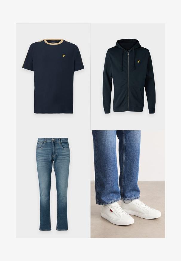 Sudadera con cremallera en color navy, hecha de una tela suave, que cuenta con un bolsillo frontal, capucha con cordón ajustable y un pequeño logo amarillo en el lado izquierdo del pecho.; Camiseta azul marino de algodón con escote redondo y mangas cortas. Presenta un borde de color beige y un pequeño logo bordado en dorado.; Jeans de mezclilla azul claro con un diseño de pierna recta, que cuentan con cremallera, cierre de botón y estilo de cinco bolsillos con un ligero desvanecimiento.; Zapatillas blancas con una superficie lisa, puntera redonda y suela plana. Acompañadas de jeans de mezclilla azul con un corte recto y costuras visibles.