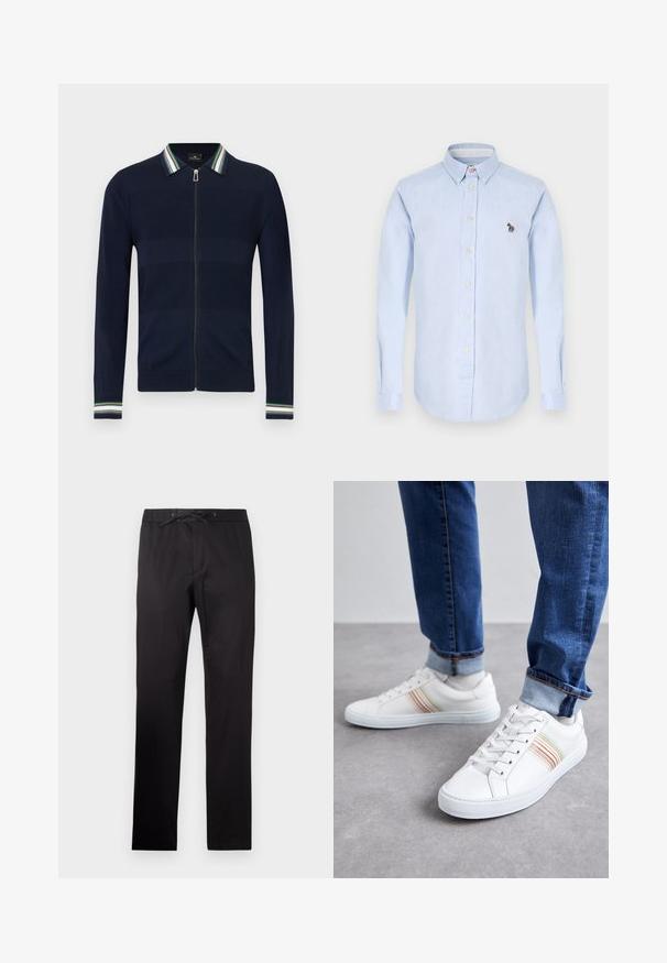 Marineblauer Zip-Up-Cardigan mit gestreiftem Kragen in Grün, Blau und Weiß. Verfügt über ein strukturiertes Design und lange Ärmel mit gestreiften Akzenten an den Bündchen.; Hellblaues Hemd mit langen Ärmeln, Kragen, Vorderknöpfen und einem kleinen gestickten Zebra-Detail auf der Brust.; Schwarze Hose mit elastischem Bund und Kordelzug. Sie zeichnet sich durch eine glatte Textur und ein gerades Bein Design aus. Minimalistischer Stil ohne Muster.; Weiße Leder-Sneaker mit mehrfarbigen Streifen, Schnürdesign, Gummisohle und gepolstertem Kragen, kombiniert mit blauen Jeans.