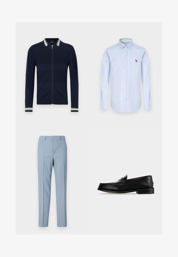 Cardigan bleu marine à fermeture éclair avec col rayé vert, bleu et blanc. Présente un design texturé et des manches longues avec des accents rayés aux poignets.; Chemise bleu clair à manches longues, col classique, boutons sur le devant et un petit détail de zèbre brodé sur la poitrine.; Pantalons rayés bleu clair à coupe slim, dotés de rayures verticales blanches. Fabriqués à partir d'un tissu lisse avec un design ajusté.; Mocassin homme en cuir noir avec un petit talon et une couture de style mocassin sur l'avant, vu de côté sur un fond uni.