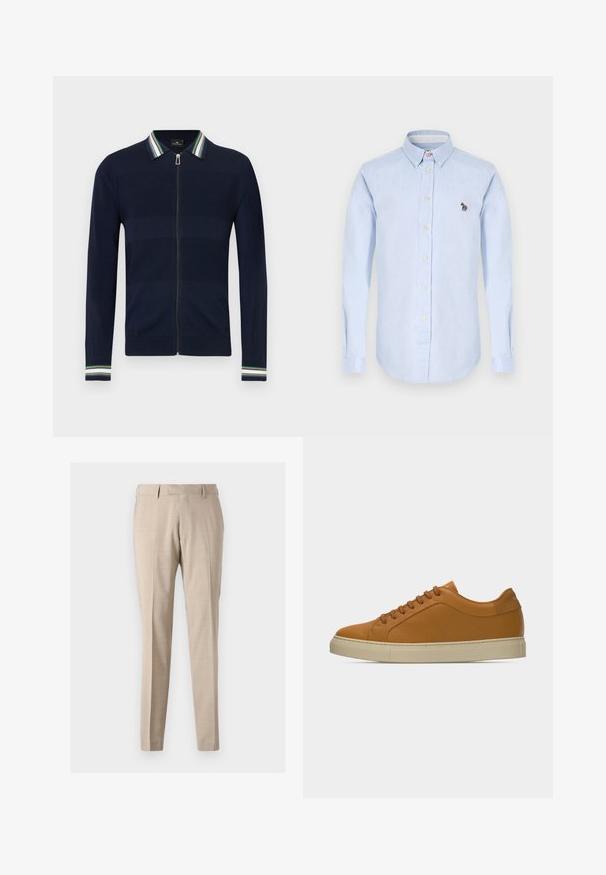 Marineblå cardigan med lynlås og stribet krave i grøn, blå og hvid. Har et tekstureret design og lange ærmer med stribede detaljer ved manchetterne.; Lysblå skjorte med lange ærmer, krave, frontknapper og en lille broderet zebra detalje på brystet.; Beige tapered bukser lavet af letvægtsstof, med forreste folder, to sidelommer og en glat tekstur.; Lavskaftet sko i lysebrunt læder med matchende snørebånd og off-white gummisål mod en ensfarvet lys grå baggrund.