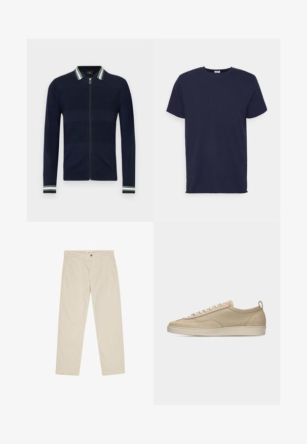 Cardigan bleu marine à fermeture éclair avec col rayé vert, bleu et blanc. Présente un design texturé et des manches longues avec des accents rayés aux poignets.; T-shirt bleu marine à manches courtes fabriqué en tissu doux. Présente un col rond et une coupe droite sans motifs ni accents.; Pantalon beige à jambes droites avec fermeture par bouton et fermeture éclair, passants pour ceinture et poches latérales avant.; Baskets beige basses avec tige en tissu et daim, lacets blancs, semelle en caoutchouc et languette à l'arrière, présentées en profil latéral sur fond blanc.