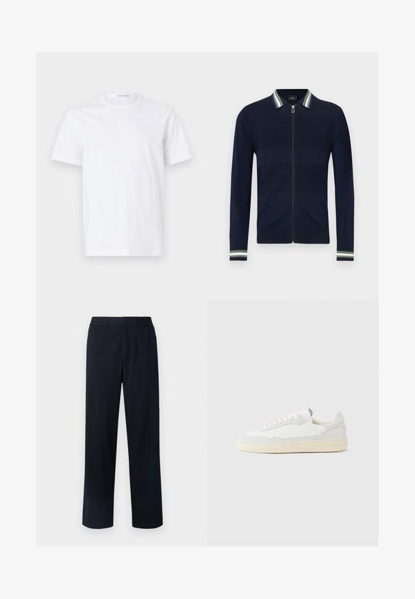 Marineblå cardigan med lynlås og stribet krave i grøn, blå og hvid. Har et tekstureret design og lange ærmer med stribede detaljer ved manchetterne.; Hvid bomulds t-shirt med rund halsudskæring og korte ærmer. Glat tekstur, lige snit og minimalistisk design uden mønstre eller accenter.; Marinebukser med elastisk talje, lige ben-design, struktureret stof og uden synlige lommer eller dekorationer.; Hvid sneakers med en øvre del i tekstureret ruskind og læder. Har rundet tå, snørelukning og kontrasterende beige gummisål.