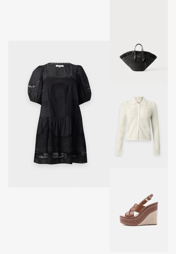 Off-white strikket cardigan med knapper, lange ærmer, to forlommer og klassisk krave i et mesh-mønster.; Sort kjole med pufærmer, firkantet udskæring, strukturerede mønstre og lagdelt skørt. Fremstillet af letvægtsstof med blonde detaljer.; Brun læder kilehæl sandal med krydsede remme, ankelspænde med "MK"-logo og flettet tekstureret plateauhæl.; Sort vævet tote-taske med bred blæserform, frynset øverste kant, to håndtag og en dekorativ sløjfe på det ene håndtag.
