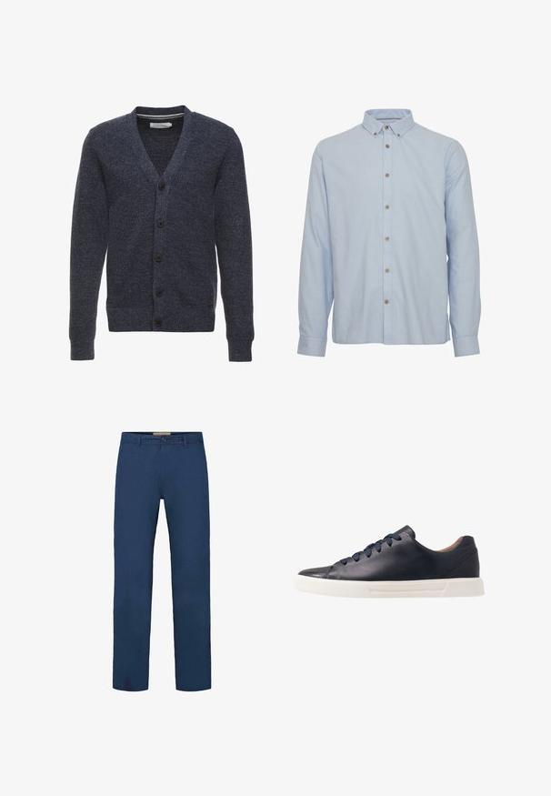 Cardigan bleu marine en tissu texturé, avec un col en V, des manches longues et cinq boutons marron à l'avant.; Chemise à manches longues bleu clair avec boutons. Fabriquée en coton, elle présente un col classique, six boutons marron sur le devant et une texture unie.; Pantalon en coton bleu marine avec une coupe droite, doté d'une fermeture à boutons à l'avant et de poches latérales visibles. Texture lisse.; Baskets en cuir bleu marine avec une finition lisse, semelle en caoutchouc blanc plat, bout arrondi et six lacets bleu marine passés à travers des œillets ronds.