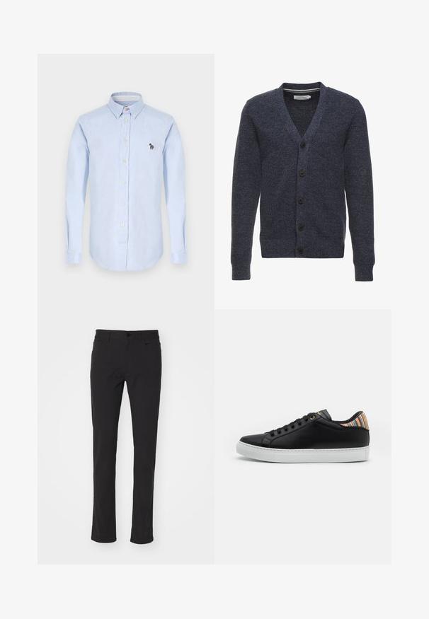 Marineblauer Cardigan aus strukturiertem Stoff, mit V-Ausschnitt, langen Ärmeln und fünf braunen Knöpfen auf der Vorderseite.; Hellblaues Hemd mit langen Ärmeln, Kragen, Vorderknöpfen und einem kleinen gestickten Zebra-Detail auf der Brust.; Schwarze Slim-Fit-Hosen aus einem Baumwollgemisch, mit einem normalen Bund, Gürtelschlaufen sowie Vorder- und Gesäßtaschen.; Schwarze Leder-Sneaker mit einer weißen Gummisohle, versehen mit einem gestreiften, mehrfarbigen Akzent an der Ferse und einem schwarzen Schnürverschluss mit goldenen Ösen.