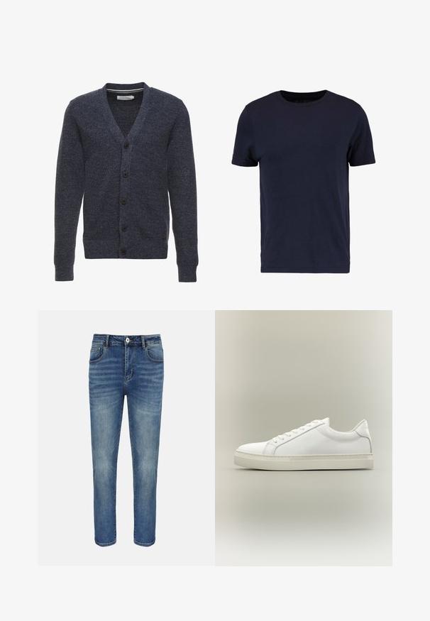 Cárdigan azul marino hecho de una tela texturizada, con cuello en V, mangas largas y cinco botones marrones a lo largo del frente.; Pier One by Zalando Camiseta básica - dark blue; Jeans vaqueros azul de corte recto con botón y cremallera delanteros, trabillas para cinturón y bolsillos delante y detrás.; Zapatilla blanca de perfil bajo con cordones en la parte delantera y suela gruesa, mostrada de lado sobre un fondo neutro.
